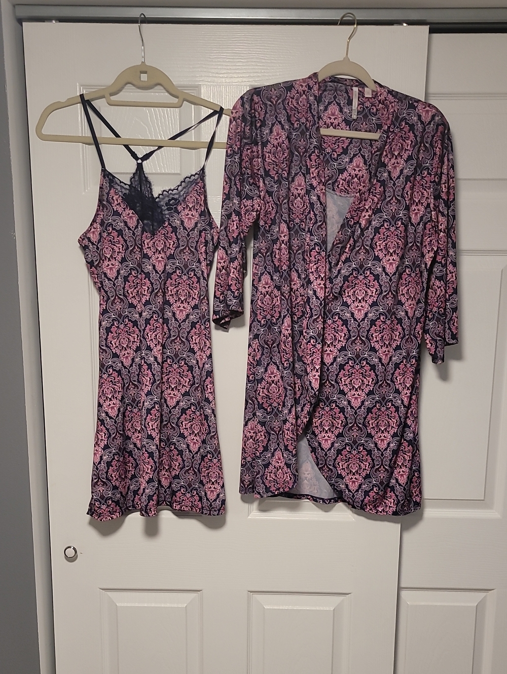 5 For $25 Women's Pink & Black Lace-Trim Slip Nightgown and Robe Set